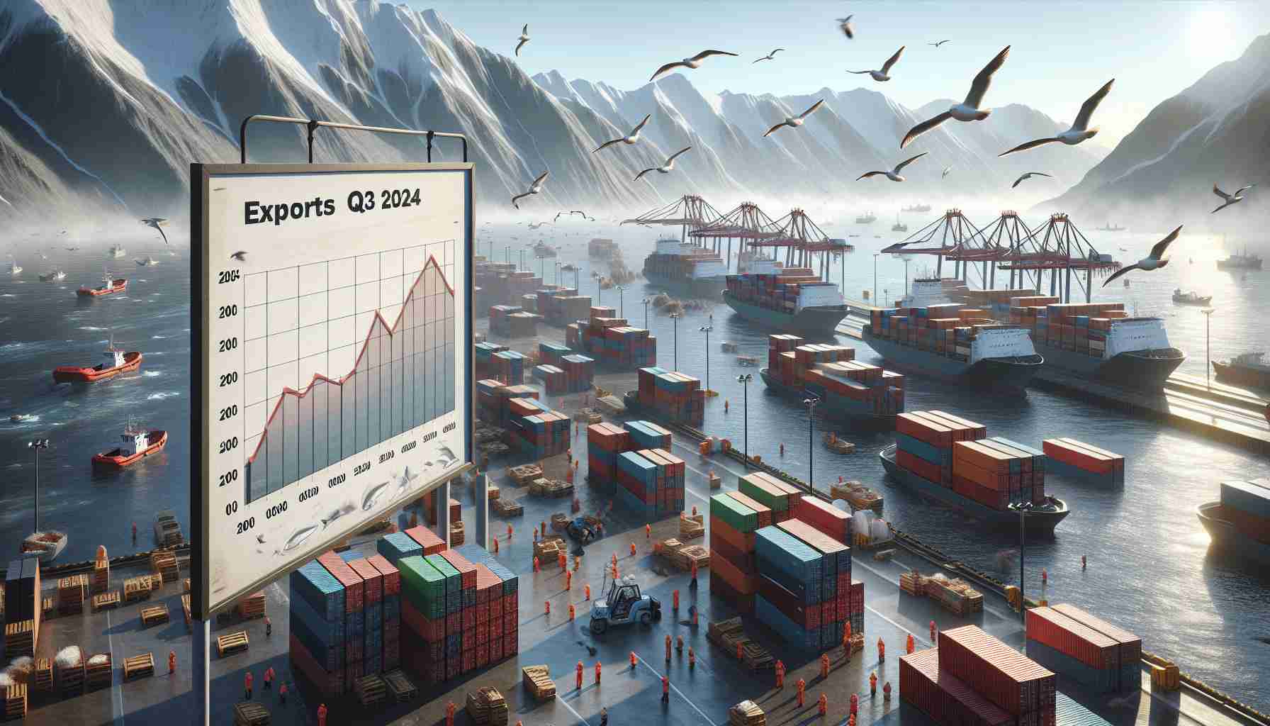 A high definition, realistic image of a busy Norwegian seafood export port. The scene is set in Q3 of 2024, with containers being hurriedly loaded with varying species of seafood, signifying a record high in exports. The air is abuzz with the organized chaos of the workers, the seagulls circling overhead, and the gentle sound of the sea waves. On a notice board, a chart shows the increasing trend in exports, with the Q3 2024 bar significantly higher than the others.