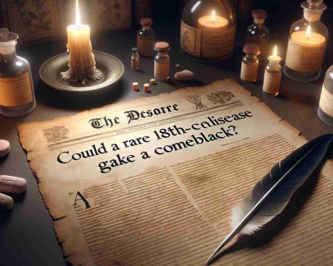 A realistic high definition image of an 18th-century parchment paper lit by a candle, with a quill subtly hinting at the act of writing. The parchment bears headline text 'Could A Rare 18th-Century Disease Make a Comeback?'. The backdrop suggests an apothecary filled with antique medicines and botanical illustrations, creating an ambience of the 18th-century medical research environment.