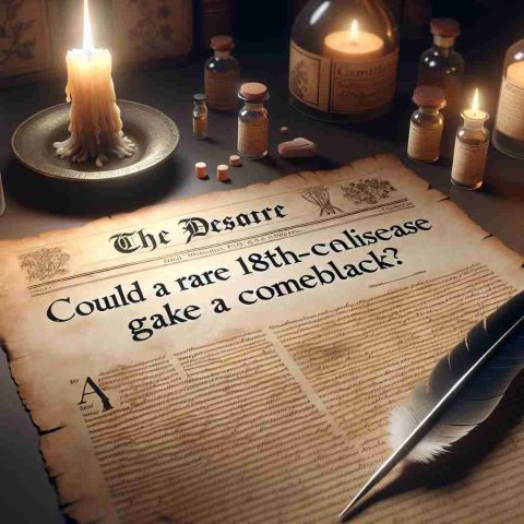 A realistic high definition image of an 18th-century parchment paper lit by a candle, with a quill subtly hinting at the act of writing. The parchment bears headline text 'Could A Rare 18th-Century Disease Make a Comeback?'. The backdrop suggests an apothecary filled with antique medicines and botanical illustrations, creating an ambience of the 18th-century medical research environment.