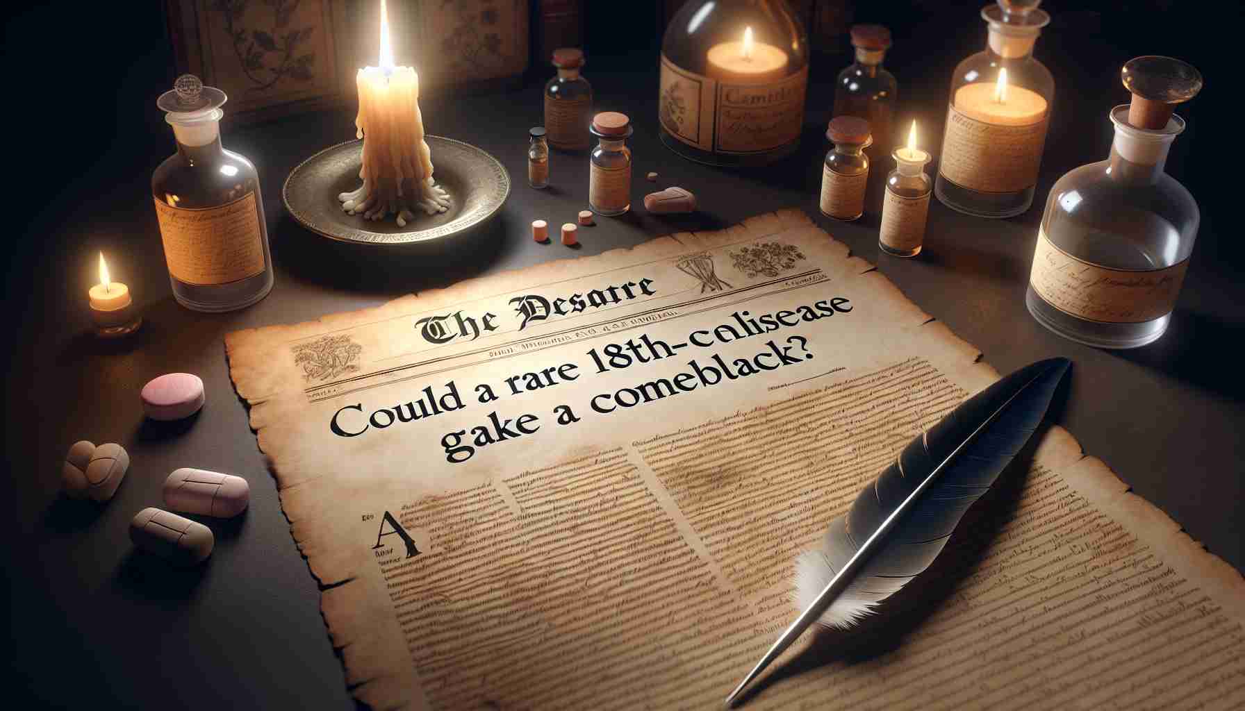 A realistic high definition image of an 18th-century parchment paper lit by a candle, with a quill subtly hinting at the act of writing. The parchment bears headline text 'Could A Rare 18th-Century Disease Make a Comeback?'. The backdrop suggests an apothecary filled with antique medicines and botanical illustrations, creating an ambience of the 18th-century medical research environment.