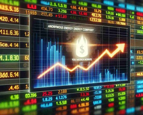 A high definition, realistic image illustrating a surprising shift in the stock market. It shows the ticker of an anonymous energy company noticeably going against market trends. The screen displays various stock market signs and symbols, with this particular energy company's stocks brightly highlighted, ascending while the general market is falling.