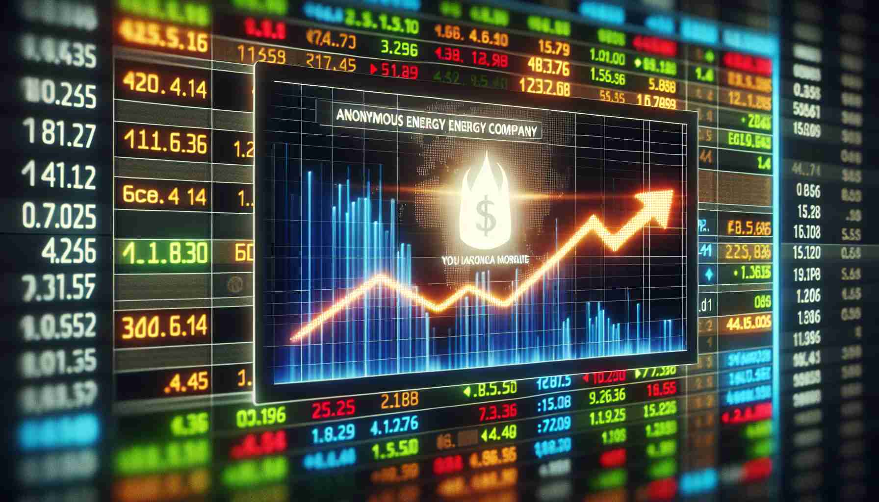 A high definition, realistic image illustrating a surprising shift in the stock market. It shows the ticker of an anonymous energy company noticeably going against market trends. The screen displays various stock market signs and symbols, with this particular energy company's stocks brightly highlighted, ascending while the general market is falling.