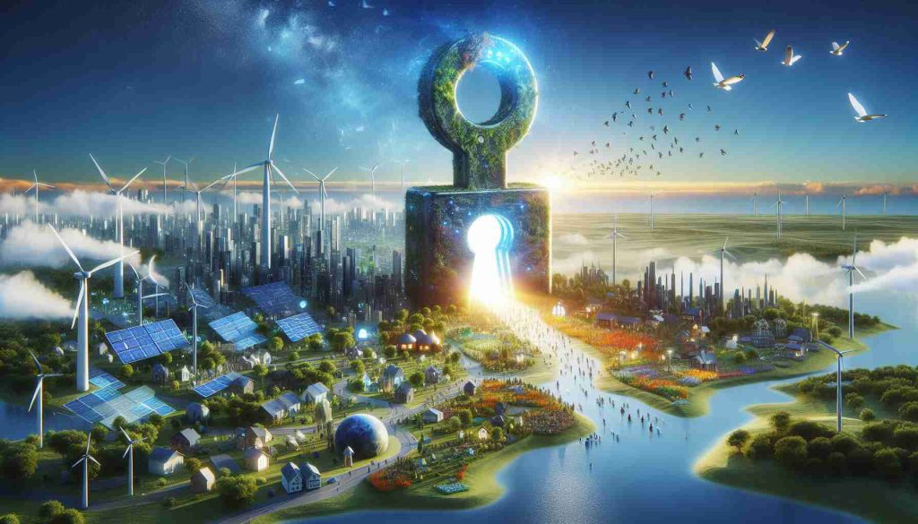 A high-definition, realistic depiction of the future being unlocked through the power of clean energy investments. The image represents our world undergoing a transformation towards sustainability. It could include elements like solar panels, wind turbines, or other renewable energy sources integrated into a diverse, inclusive and vibrant society. This could be represented through a giant symbolic key being turned into a lock, which opens up a healthier, cleaner, and greener future. Visualize pleasing landscapes adorned with technology, greener architecture, people living harmoniously, birds flying overhead, and clear blue skies.