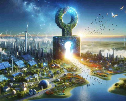 A high-definition, realistic depiction of the future being unlocked through the power of clean energy investments. The image represents our world undergoing a transformation towards sustainability. It could include elements like solar panels, wind turbines, or other renewable energy sources integrated into a diverse, inclusive and vibrant society. This could be represented through a giant symbolic key being turned into a lock, which opens up a healthier, cleaner, and greener future. Visualize pleasing landscapes adorned with technology, greener architecture, people living harmoniously, birds flying overhead, and clear blue skies.