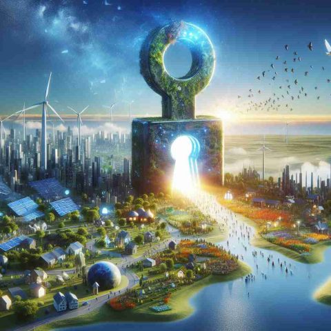 A high-definition, realistic depiction of the future being unlocked through the power of clean energy investments. The image represents our world undergoing a transformation towards sustainability. It could include elements like solar panels, wind turbines, or other renewable energy sources integrated into a diverse, inclusive and vibrant society. This could be represented through a giant symbolic key being turned into a lock, which opens up a healthier, cleaner, and greener future. Visualize pleasing landscapes adorned with technology, greener architecture, people living harmoniously, birds flying overhead, and clear blue skies.