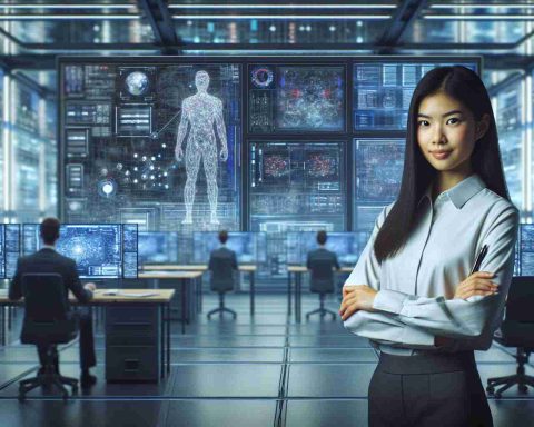 Image of a fictional character who is a tech genius and has recently become a billionaire due to their innovative ideas and technologies. The person is of East Asian descent and identifies as female, standing in a modern, state-of-the-art technology lab filled with futuristic gadgets and screens displaying complex algorithms. The environment reflects their groundbreaking work in the tech industry. The expression on her face is one of satisfaction and accomplishment.