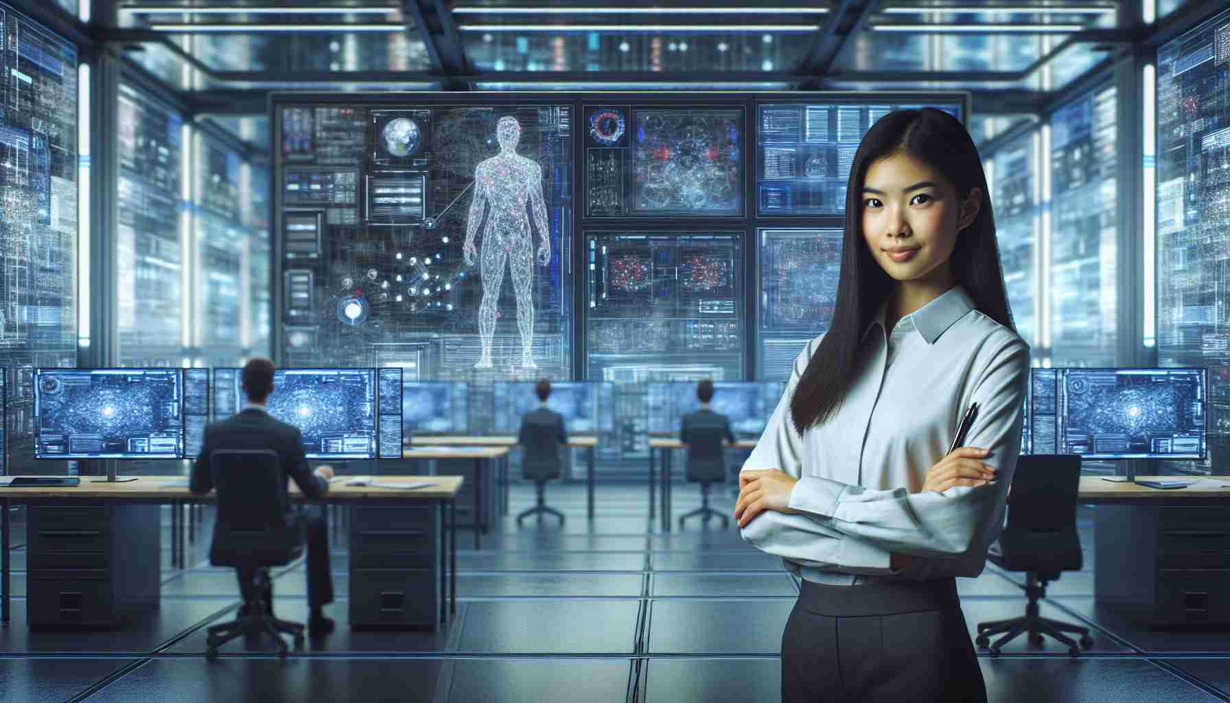 Image of a fictional character who is a tech genius and has recently become a billionaire due to their innovative ideas and technologies. The person is of East Asian descent and identifies as female, standing in a modern, state-of-the-art technology lab filled with futuristic gadgets and screens displaying complex algorithms. The environment reflects their groundbreaking work in the tech industry. The expression on her face is one of satisfaction and accomplishment.