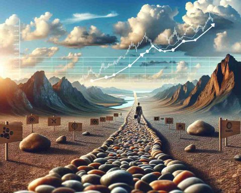 Create a realistic, high-definition visual representation of the journey of a company called 'Tata Technologies'. The image should illustrate its interesting, and possibly unknown, elements of success, particularly focusing on its stock's trajectory over time. Picture it as a tangible journey, with pebble-stone path leading uphill, representing the stock's rise, with occasional plateaus, valleys, and peaks. Add symbolic markers on this path portraying significant events in the company's history. Include a backdrop of a beautiful sky to underline the theme of growth and ambition.