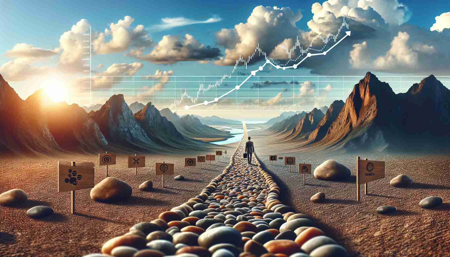 Create a realistic, high-definition visual representation of the journey of a company called 'Tata Technologies'. The image should illustrate its interesting, and possibly unknown, elements of success, particularly focusing on its stock's trajectory over time. Picture it as a tangible journey, with pebble-stone path leading uphill, representing the stock's rise, with occasional plateaus, valleys, and peaks. Add symbolic markers on this path portraying significant events in the company's history. Include a backdrop of a beautiful sky to underline the theme of growth and ambition.