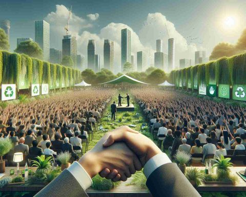 A high-definition, realistic illustration of a significant occasion where an innovative initiative is being introduced by a revolutionary environmental partnership. Visualize a crowd gathered at a green venue filled with plants, banners, and placards advocating for environmental conservation and sustainability. Try to capture the emotion and spirit of hope and passion in the scene. Please include people of different ethnicities and genders. Include some close-ups of handshakes symbolizing the partnership and a prominent display of the initiative's logo.