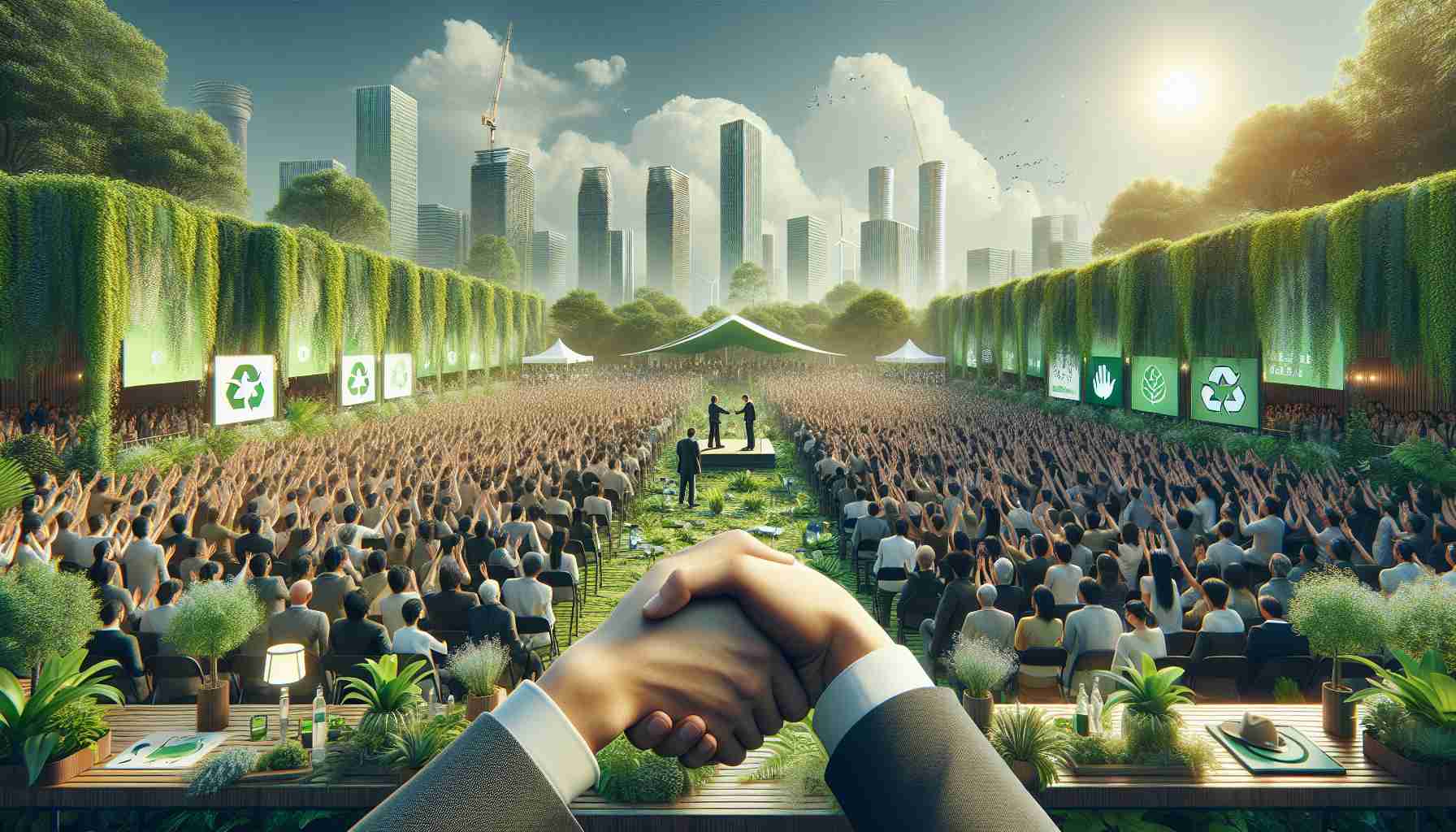 A high-definition, realistic illustration of a significant occasion where an innovative initiative is being introduced by a revolutionary environmental partnership. Visualize a crowd gathered at a green venue filled with plants, banners, and placards advocating for environmental conservation and sustainability. Try to capture the emotion and spirit of hope and passion in the scene. Please include people of different ethnicities and genders. Include some close-ups of handshakes symbolizing the partnership and a prominent display of the initiative's logo.