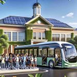 A high-definition, realistic illustration of a brand new electric bus parked in front of a school building. The exterior of the bus demonstrates the sustainability initiative, possibly displaying the renewable energy symbols or logos. The school is in a green environment with trees and a solar panel roof, demonstrating the ethos of sustainable choices. An array of students, diverse in gender and descent, including Caucasian, Hispanic, Black, Middle-Eastern, and South Asian, are boarding the bus, happy and excited about their sustainable journey.