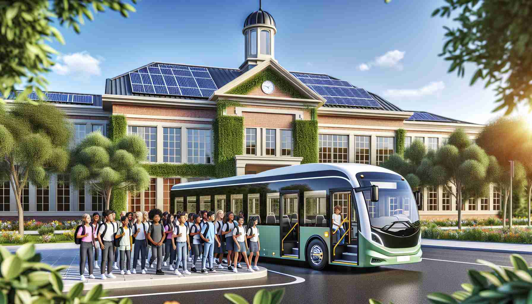 A high-definition, realistic illustration of a brand new electric bus parked in front of a school building. The exterior of the bus demonstrates the sustainability initiative, possibly displaying the renewable energy symbols or logos. The school is in a green environment with trees and a solar panel roof, demonstrating the ethos of sustainable choices. An array of students, diverse in gender and descent, including Caucasian, Hispanic, Black, Middle-Eastern, and South Asian, are boarding the bus, happy and excited about their sustainable journey.