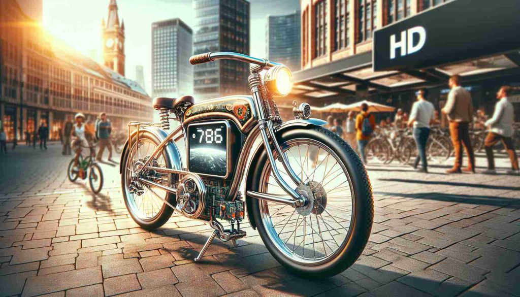 Create an HD image showcasing the rising trend of rejuvenated electric bikes. The scene should include a closeup of a restored vintage bike converted into an electric one, parked in an urban setting, showing the classic designs incorporated with modern technological elements like LED lights and touchscreen Displays. The bike should be shining under the sunlight, implying how old things can be made new and sustainable again. The background consists of bustling city life with environmentally-conscious people admiring the bike.