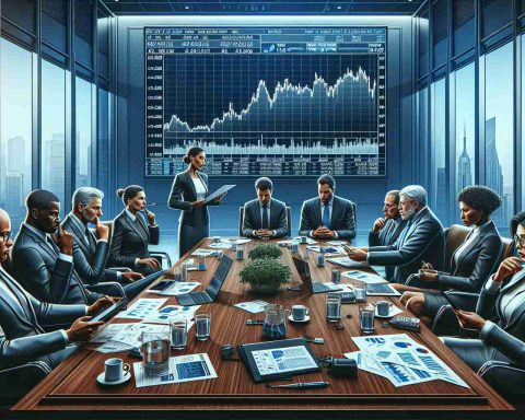 Create a realistic, high-definition illustration of a business scenario where an energy firm's stock listing on the New York Stock Exchange (NYSE) is in jeopardy. The image should depict a boardroom meeting in progress with a diverse group of attendees including a Caucasian female CEO in a deep thought, a Black man analyzing the stock charts, a Hispanic male secretary feverishly taking notes, and a South Asian female proposing a contingency plan. On the wall, in the background, a large screen displays the firm's dwindling stock on a graph. The overall mood of the room should be tense.