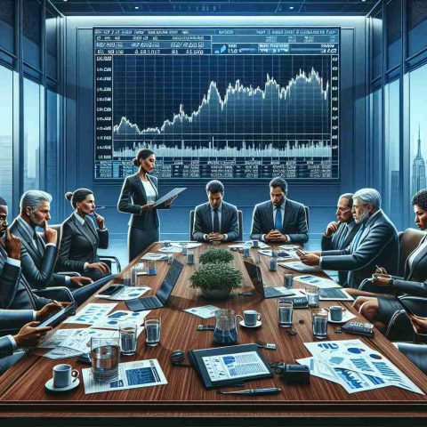 Create a realistic, high-definition illustration of a business scenario where an energy firm's stock listing on the New York Stock Exchange (NYSE) is in jeopardy. The image should depict a boardroom meeting in progress with a diverse group of attendees including a Caucasian female CEO in a deep thought, a Black man analyzing the stock charts, a Hispanic male secretary feverishly taking notes, and a South Asian female proposing a contingency plan. On the wall, in the background, a large screen displays the firm's dwindling stock on a graph. The overall mood of the room should be tense.