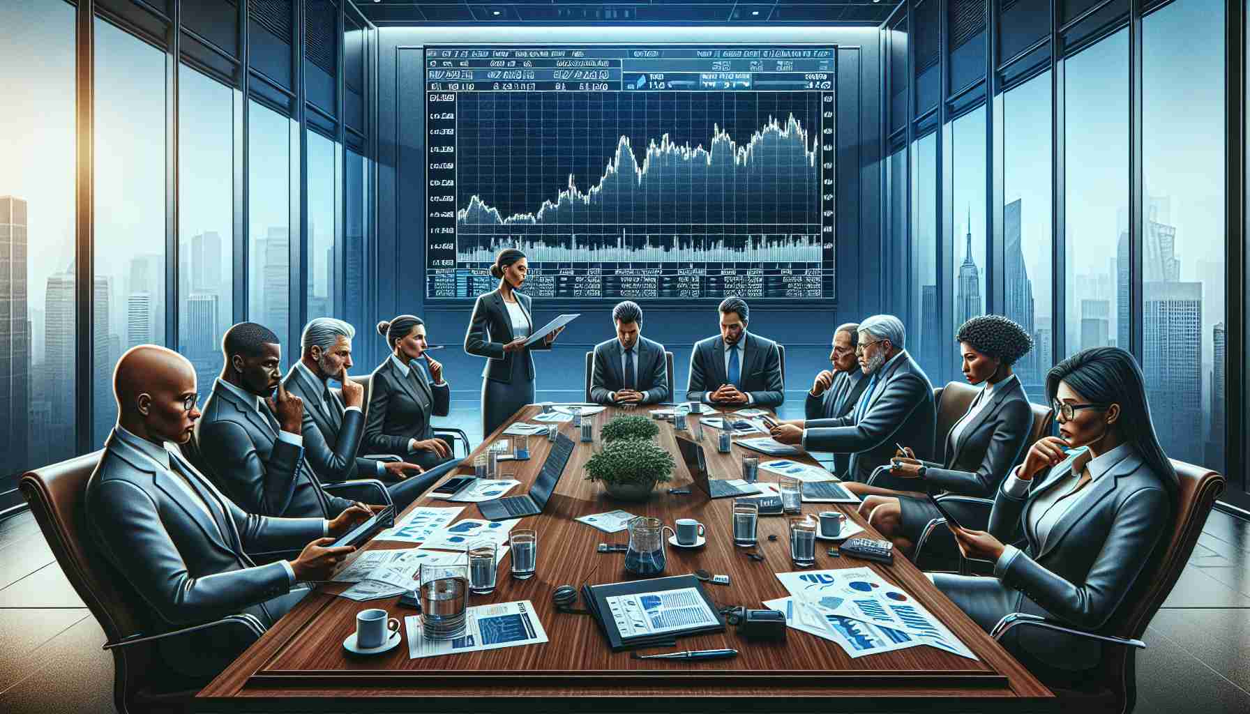 Create a realistic, high-definition illustration of a business scenario where an energy firm's stock listing on the New York Stock Exchange (NYSE) is in jeopardy. The image should depict a boardroom meeting in progress with a diverse group of attendees including a Caucasian female CEO in a deep thought, a Black man analyzing the stock charts, a Hispanic male secretary feverishly taking notes, and a South Asian female proposing a contingency plan. On the wall, in the background, a large screen displays the firm's dwindling stock on a graph. The overall mood of the room should be tense.