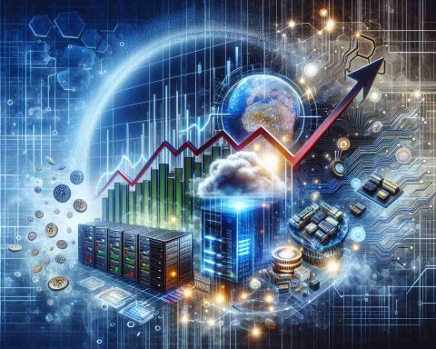 Create a realistic HD image depicting a metaphorical representation of a tech company's stock surge. Include elements like a stock market graph showing a sharp upward climb, a company logo, and some technology-related symbols like circuit boards, servers and digital data streams.