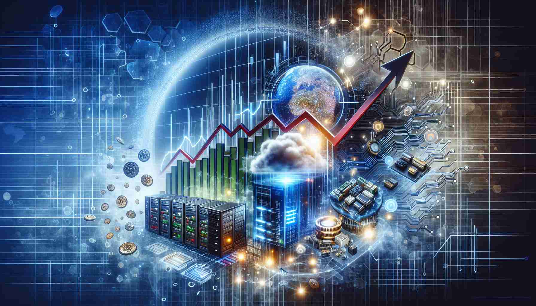 Create a realistic HD image depicting a metaphorical representation of a tech company's stock surge. Include elements like a stock market graph showing a sharp upward climb, a company logo, and some technology-related symbols like circuit boards, servers and digital data streams.