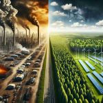 Create an HD image realistically depicting the concept of clean energy as a potential solution to the climate crisis. Show a contrast between industrial pollution and clean energy sources. On one side, illustrate a heavily industrialized area with dense smog, factory emissions, and deforestation. On the other side, show vivid imagery of wind turbines, solar panels, and lush forests, symbolizing clean energy and environmental conservation. The middle of the image could represent a divide or transition point, possibly represented by a diminishing smog line or a line of trees. Try to capture the stark contrast between these two worlds.