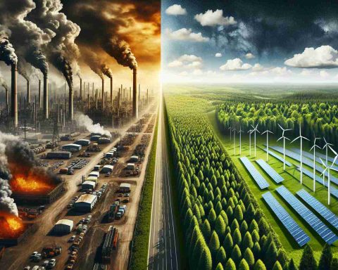 Create an HD image realistically depicting the concept of clean energy as a potential solution to the climate crisis. Show a contrast between industrial pollution and clean energy sources. On one side, illustrate a heavily industrialized area with dense smog, factory emissions, and deforestation. On the other side, show vivid imagery of wind turbines, solar panels, and lush forests, symbolizing clean energy and environmental conservation. The middle of the image could represent a divide or transition point, possibly represented by a diminishing smog line or a line of trees. Try to capture the stark contrast between these two worlds.