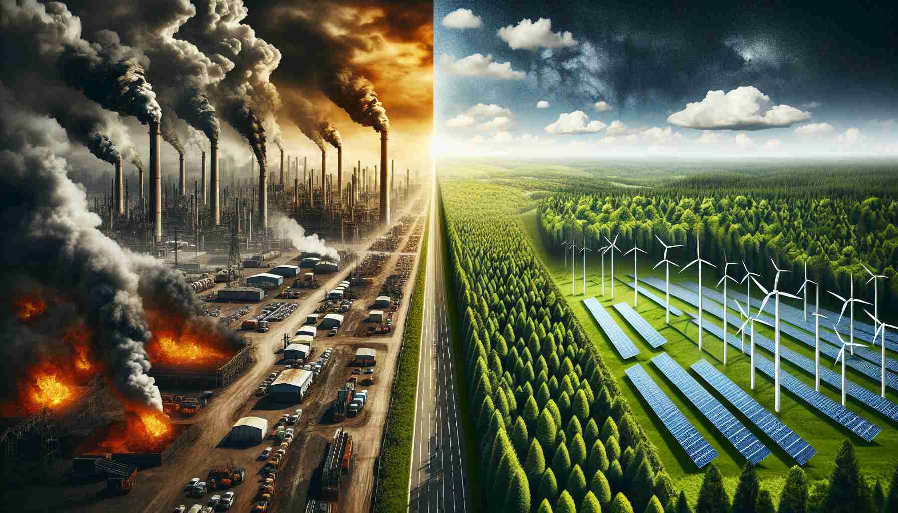 Create an HD image realistically depicting the concept of clean energy as a potential solution to the climate crisis. Show a contrast between industrial pollution and clean energy sources. On one side, illustrate a heavily industrialized area with dense smog, factory emissions, and deforestation. On the other side, show vivid imagery of wind turbines, solar panels, and lush forests, symbolizing clean energy and environmental conservation. The middle of the image could represent a divide or transition point, possibly represented by a diminishing smog line or a line of trees. Try to capture the stark contrast between these two worlds.