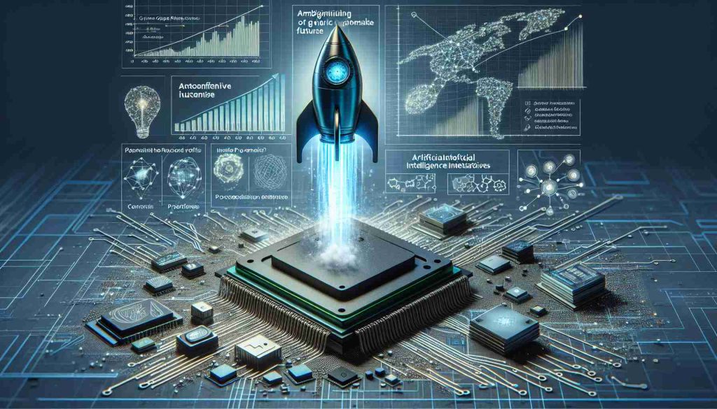 A highly detailed and realistic, HD illustration of an abstract concept: the ambitious future of a generic chipmaker with artificial intelligence initiatives. The image should depict a microchip launching like a rocket into the sky, symbolizing rising revenue. Additionally, the image includes various elements representing the essential information one needs to understand about this enterprise: such as graphs showing potential profits, a network grid illustrating AI technology, and diagrams of processor architecture.