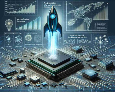 A highly detailed and realistic, HD illustration of an abstract concept: the ambitious future of a generic chipmaker with artificial intelligence initiatives. The image should depict a microchip launching like a rocket into the sky, symbolizing rising revenue. Additionally, the image includes various elements representing the essential information one needs to understand about this enterprise: such as graphs showing potential profits, a network grid illustrating AI technology, and diagrams of processor architecture.