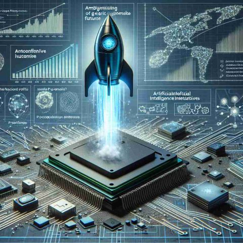 A highly detailed and realistic, HD illustration of an abstract concept: the ambitious future of a generic chipmaker with artificial intelligence initiatives. The image should depict a microchip launching like a rocket into the sky, symbolizing rising revenue. Additionally, the image includes various elements representing the essential information one needs to understand about this enterprise: such as graphs showing potential profits, a network grid illustrating AI technology, and diagrams of processor architecture.