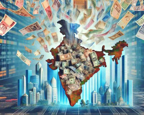 Create a high-definition, metaphoric image capturing the concept of a significant influx of foreign investments into the Indian economy. Perhaps show a plethora of currency notes, symbolic of investments from different countries, cascading into a beautifully detailed map of India. Set the scene against a backdrop of financial buildings, signifying the robust Indian economy.