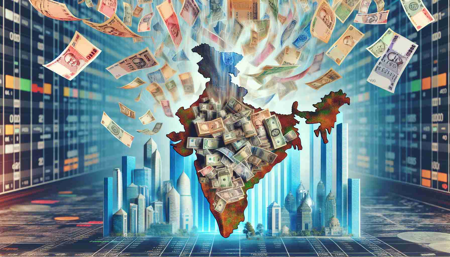 Create a high-definition, metaphoric image capturing the concept of a significant influx of foreign investments into the Indian economy. Perhaps show a plethora of currency notes, symbolic of investments from different countries, cascading into a beautifully detailed map of India. Set the scene against a backdrop of financial buildings, signifying the robust Indian economy.