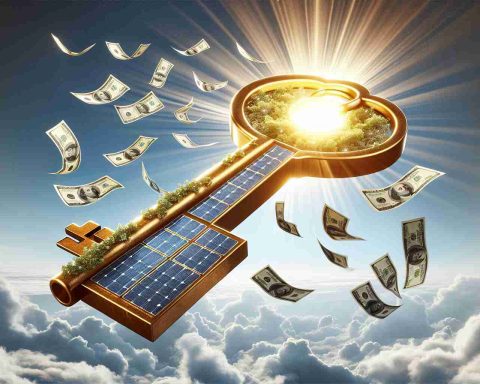 A high-definition, realistic image depicting the concept of solar power as the key to reducing energy costs. The illustration might include a gigantic golden key with solar panels embedded in it, juxtaposed against a bright, sunlit sky. Bills fluttering away in the wind, signifying reduced energy expenses, would add to the image's message.