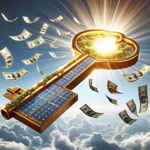 A high-definition, realistic image depicting the concept of solar power as the key to reducing energy costs. The illustration might include a gigantic golden key with solar panels embedded in it, juxtaposed against a bright, sunlit sky. Bills fluttering away in the wind, signifying reduced energy expenses, would add to the image's message.