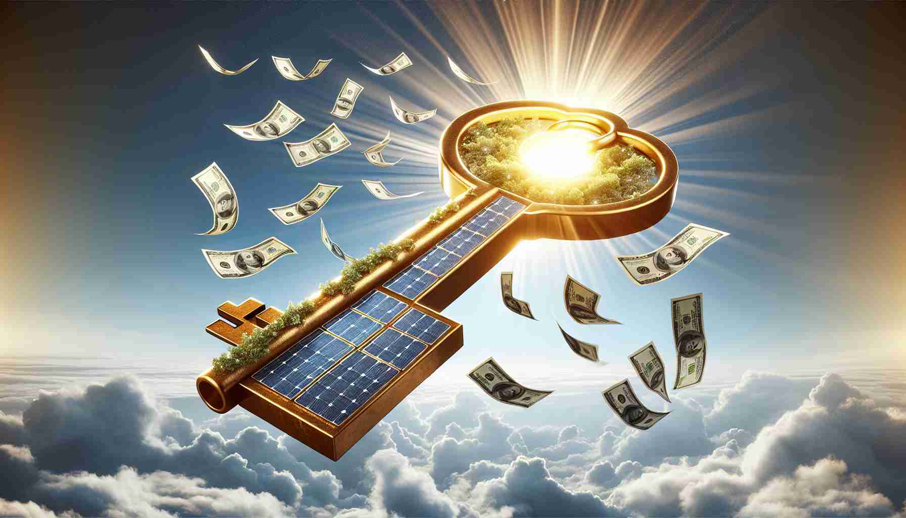 A high-definition, realistic image depicting the concept of solar power as the key to reducing energy costs. The illustration might include a gigantic golden key with solar panels embedded in it, juxtaposed against a bright, sunlit sky. Bills fluttering away in the wind, signifying reduced energy expenses, would add to the image's message.