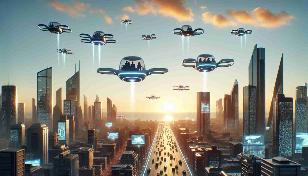 Create a highly-detailed, realistic visual representation portraying the future of personal air travel. The scene includes a futuristic cityscape with small, individual flying vehicles smoothly navigating the airspace. Each vehicle should be streamlined and include advanced technological features. The sky should appear bright, with a hint of the sunset's orange light reflecting off the skyscrapers. There should also be flying traffic signals, digital ads floating in the sky, and soft illuminating lights from the city below. The vehicles should be occupied by humans of varying genders and descents to represent diversity.