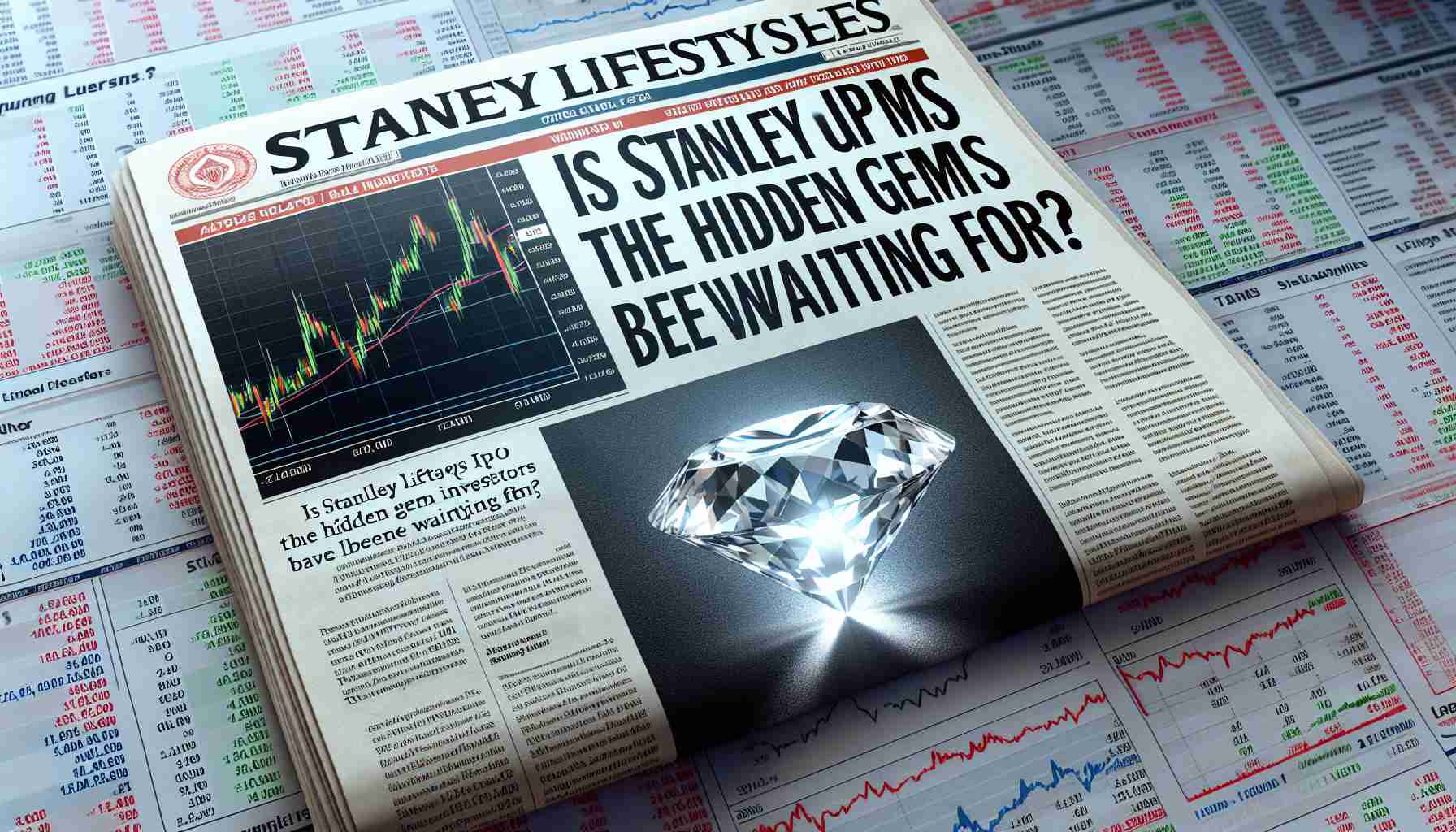 A high-definition, realistic image of a financial newspaper headline reading 'Is Stanley Lifestyles' IPO the Hidden Gem Investors Have Been Waiting For?' with the accompanying illustration of a shining, uncut diamond against a background of stock market graphs.