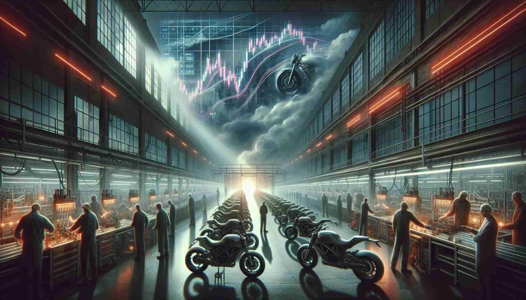 Imagine an image capturing an abstract concept: the uncertain future of an Italian Electric Motorcycle Manufacturer. The factory is dimly lit, casting long shadows over the motorcycles in assembly. Stoic workers stand at the production line, their faces filled with concern. A digital screen in the background flickers, showing unstable stock market trends. Outside the factory, a cloudy sky hints at an incoming storm, symbolic of the turbulent times ahead.