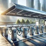 An ultra-realistic high definition image depicting the future of urban mobility: a highly efficient bike station powered by solar energy. This eco-friendly station is located right in the heart of a bustling city with buildings towering in the backdrop. Sunlight streams down onto the solar panels fitted on the top of the station. Several bikes, each equipped with advanced technology, are docked in their respective slots, ready to be borrowed. The concrete below reflects the bright sunlight, and city dwellers of various descents and genders are seen going about their day in the vicinity of the station.