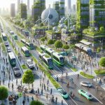 A high definition, realistic illustration of a scene that represents the revolution of public transportation and the rise of sustainable urban mobility. Show a futuristic cityscape filled with efficient and eco-friendly forms of public transportation like electric buses, solar-powered trains, and people riding bicycles. The buildings could be covered in greenery and equipped with renewable energy systems like wind turbines and solar panels. A crowd of diverse people of various descents and genders is utilizing this sustainable infrastructure, showcasing the daily life in an environmentally-conscious city.