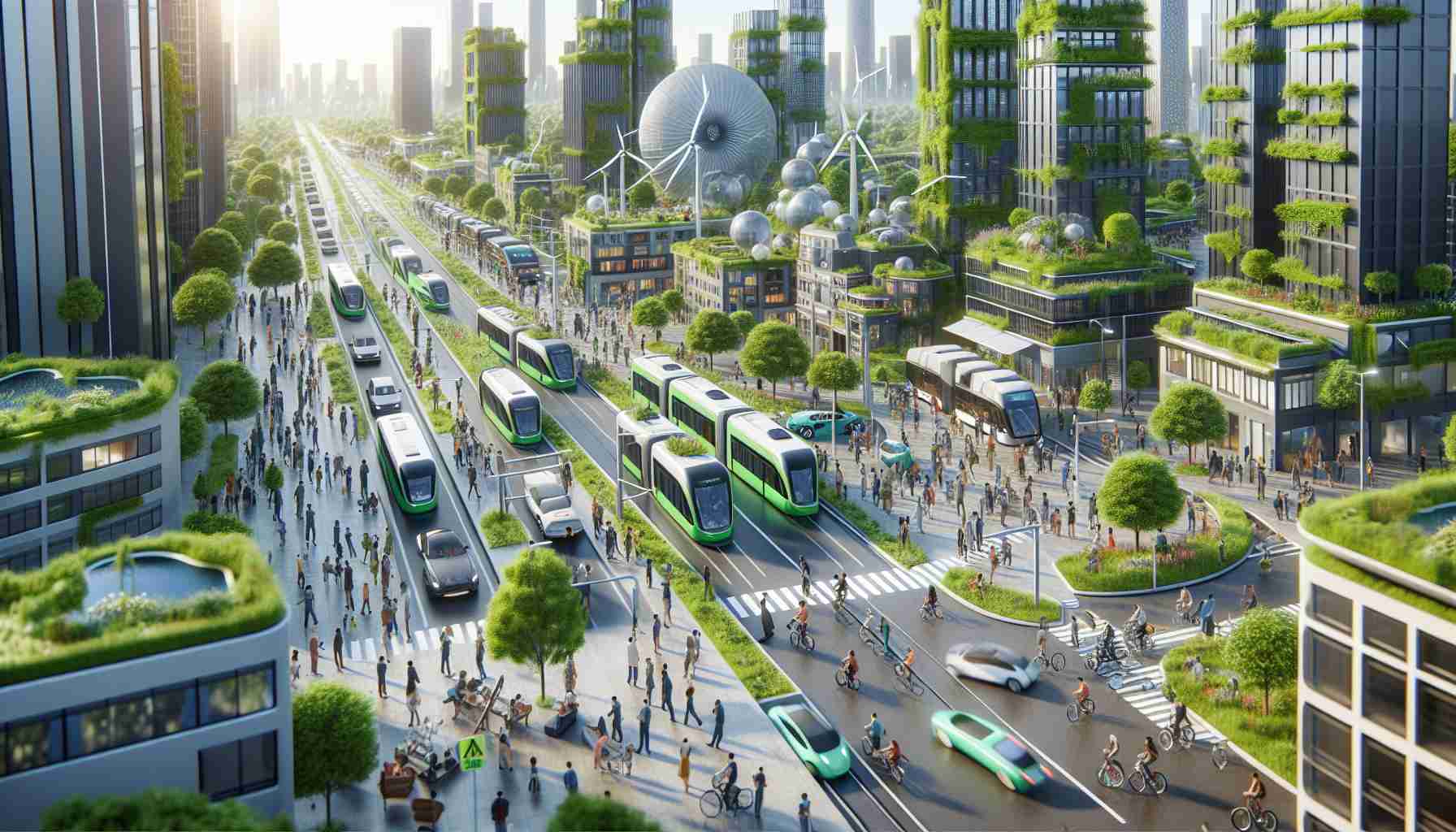 A high definition, realistic illustration of a scene that represents the revolution of public transportation and the rise of sustainable urban mobility. Show a futuristic cityscape filled with efficient and eco-friendly forms of public transportation like electric buses, solar-powered trains, and people riding bicycles. The buildings could be covered in greenery and equipped with renewable energy systems like wind turbines and solar panels. A crowd of diverse people of various descents and genders is utilizing this sustainable infrastructure, showcasing the daily life in an environmentally-conscious city.