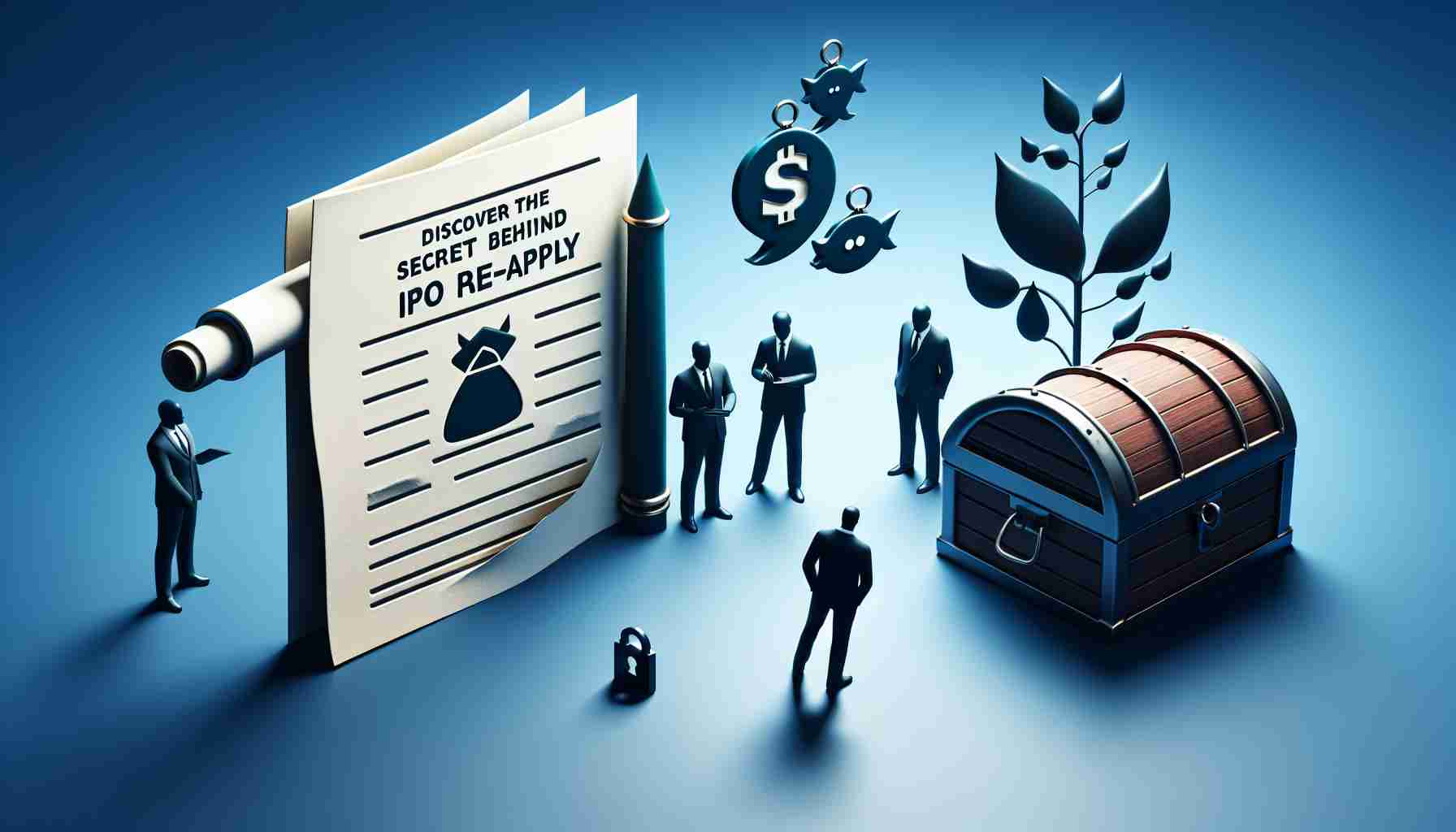 Produce a realistic HD image featuring a symbolic representation of the concept 'Discover the Secret Behind IPO Pre-Apply'. This could include, for example, visual elements such as a mysterious treasure chest representing the 'secret', a formal document or paperwork indicating 'IPO Pre-Apply', and perhaps a silhouetted figure(s) suggesting 'experts'. All elements should be aligned in a way to produce a sense of discovery or revelation.