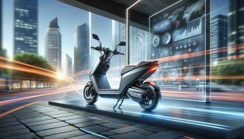 A high-definition, realistic photo of a scene that displays the thrill and innovation of riding an electric scooter by 'Nova'. The scene should highlight the sleek design of the scooter, its dynamic features such as digital speedometer, energy-efficient headlights, and easy-to-use controls. The backdrop of the image can be a modern city environment to enhance the feel of a transformative riding experience.