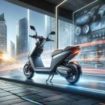 A high-definition, realistic photo of a scene that displays the thrill and innovation of riding an electric scooter by 'Nova'. The scene should highlight the sleek design of the scooter, its dynamic features such as digital speedometer, energy-efficient headlights, and easy-to-use controls. The backdrop of the image can be a modern city environment to enhance the feel of a transformative riding experience.