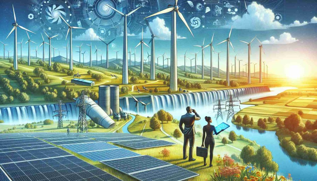 Detailed image that portrays the future growth potential of renewable energy innovations. Show a variety of elements that symbolize renewable energy such as wind turbines, solar panels, and hydroelectric dams. Integrate them into a peaceful landscape under a bright blue sky. Display a vibrant growth by visualizing these elements as strong, towering, and increasingly numerous towards the horizon. Include a few characters in modern attire, a Black woman and an Hispanic man, looking over this landscape, indicating exploration and possible discussion about potential strategies. They could be holding blueprints or digital tablets, representing the planning and technological element of their work.