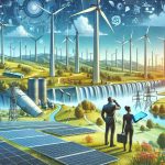 Detailed image that portrays the future growth potential of renewable energy innovations. Show a variety of elements that symbolize renewable energy such as wind turbines, solar panels, and hydroelectric dams. Integrate them into a peaceful landscape under a bright blue sky. Display a vibrant growth by visualizing these elements as strong, towering, and increasingly numerous towards the horizon. Include a few characters in modern attire, a Black woman and an Hispanic man, looking over this landscape, indicating exploration and possible discussion about potential strategies. They could be holding blueprints or digital tablets, representing the planning and technological element of their work.