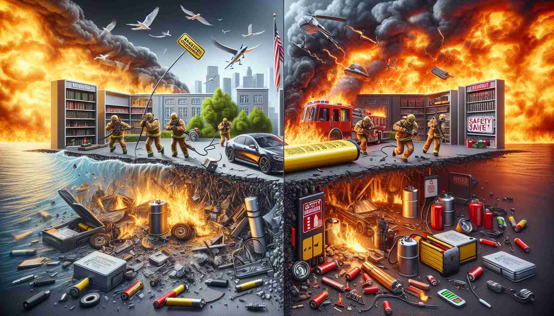 Visualize a detailed and realistic high-definition scene depicting the risks of Lithium Ion Batteries. The image should include a split view, one side showcasing a potentially dangerous situation like a battery overcharging or heating, and the other detailing safety measures such as proper storage, usage of safety regulations placard, and emergency fire extinguishing equipment. Avoid explicit harm or injury, but use symbolic elements to stress importance of safety precautions.