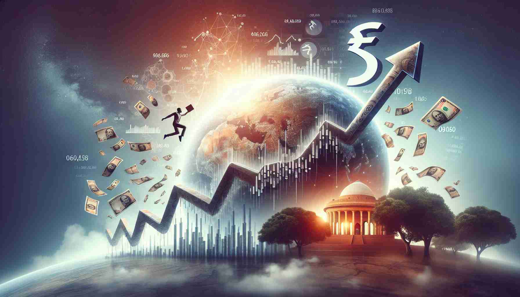 A realistic HD photo representing the concept of a major Initial Public Offering (IPO) in India's Financial Sector, potentially portrayed as a monumental 'Leap Forward' or a significant progressive change in the sector. The image could include elements such as a symbolic representation of the stock market, an Indian Rupee symbol, symbolic depictions of financial growth and leaps, and other relevant elements. Please note that no logos or trademarked materials should be included.