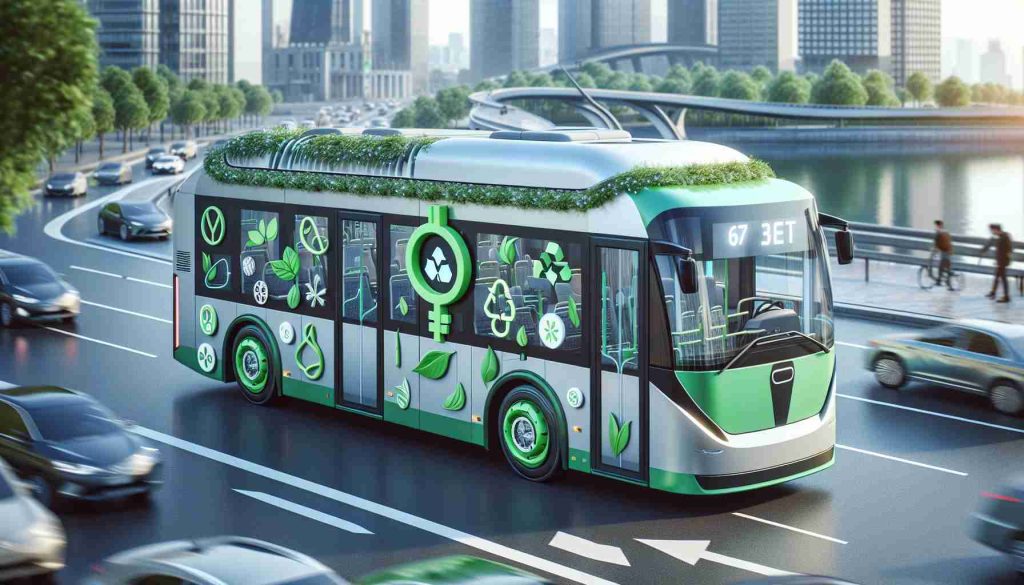 A high-definition, realistic depiction showing the increase in the use of eco-friendly transport methods. There's a modern electric bus in the center of the image. The bus is embellished with symbols and elements that represent sustainability. Green leaves are decorating the exterior of the bus to symbolize it's eco-friendliness. The background is showing a busy city center filled with conscientious citizens, choosing to travel in this sustainable vehicle over their own personal cars, reinforcing these positive changes in public transportation, and celebrating the green initiative.