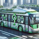 A high-definition, realistic depiction showing the increase in the use of eco-friendly transport methods. There's a modern electric bus in the center of the image. The bus is embellished with symbols and elements that represent sustainability. Green leaves are decorating the exterior of the bus to symbolize it's eco-friendliness. The background is showing a busy city center filled with conscientious citizens, choosing to travel in this sustainable vehicle over their own personal cars, reinforcing these positive changes in public transportation, and celebrating the green initiative.