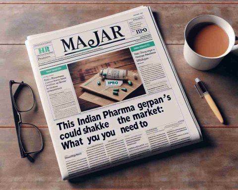 Generate a realistic HD photo of a major newspaper headline, reading 'This Indian Pharma Giant's IPO Could Shake the Market: What You Need to Know', placed on a wooden table with a cup of tea and a pair of reading glasses next to it. The newspaper should have a generic photo related to stock markets.